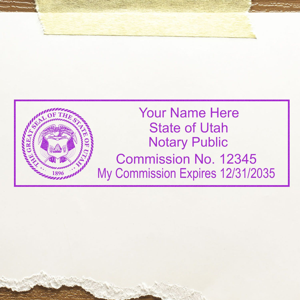 A stamped impression of the Wooden Handle Utah State Seal Notary Public Stamp in this stylish lifestyle photo, setting the tone for a unique and personalized product.