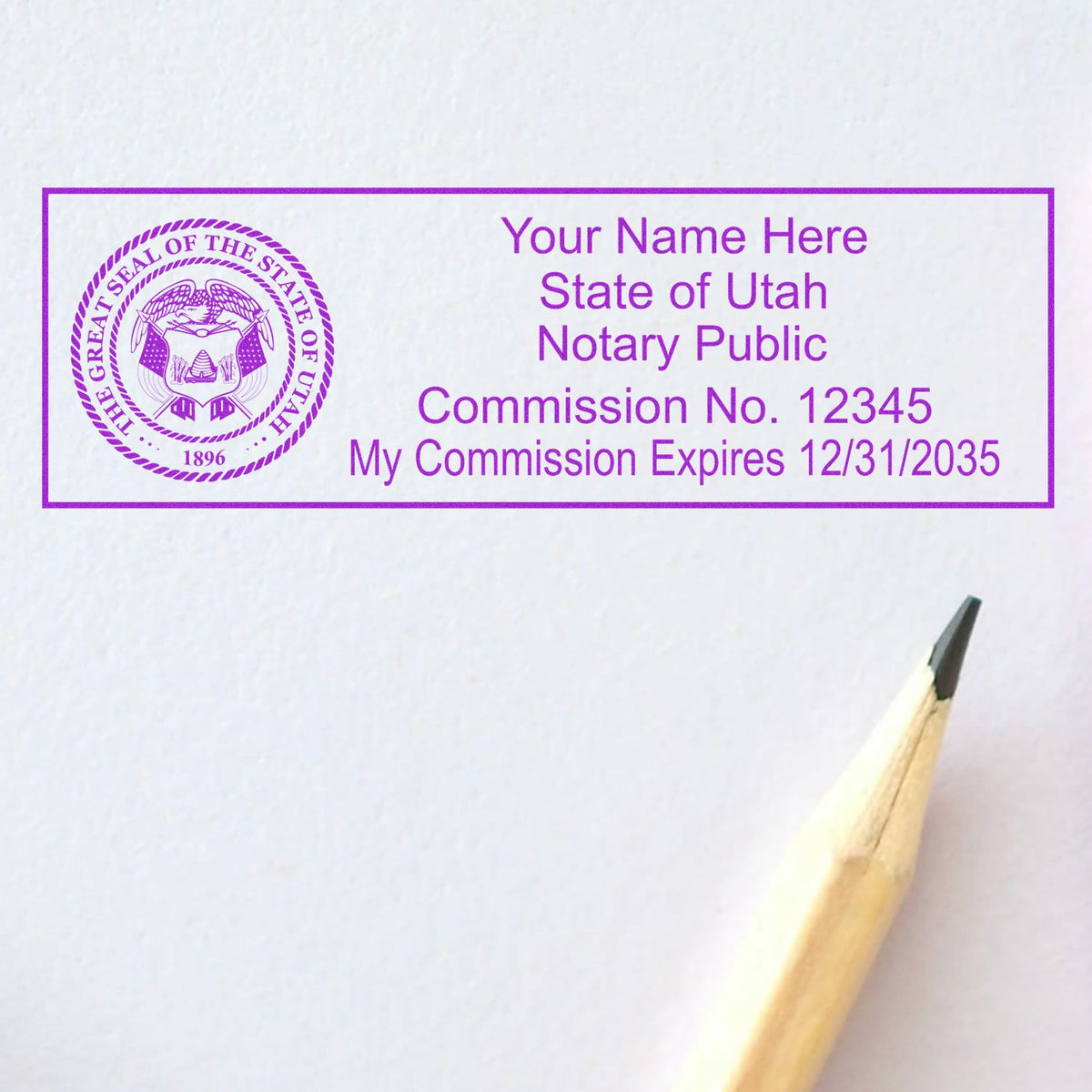 A lifestyle photo showing a stamped image of the Heavy-Duty Utah Rectangular Notary Stamp on a piece of paper
