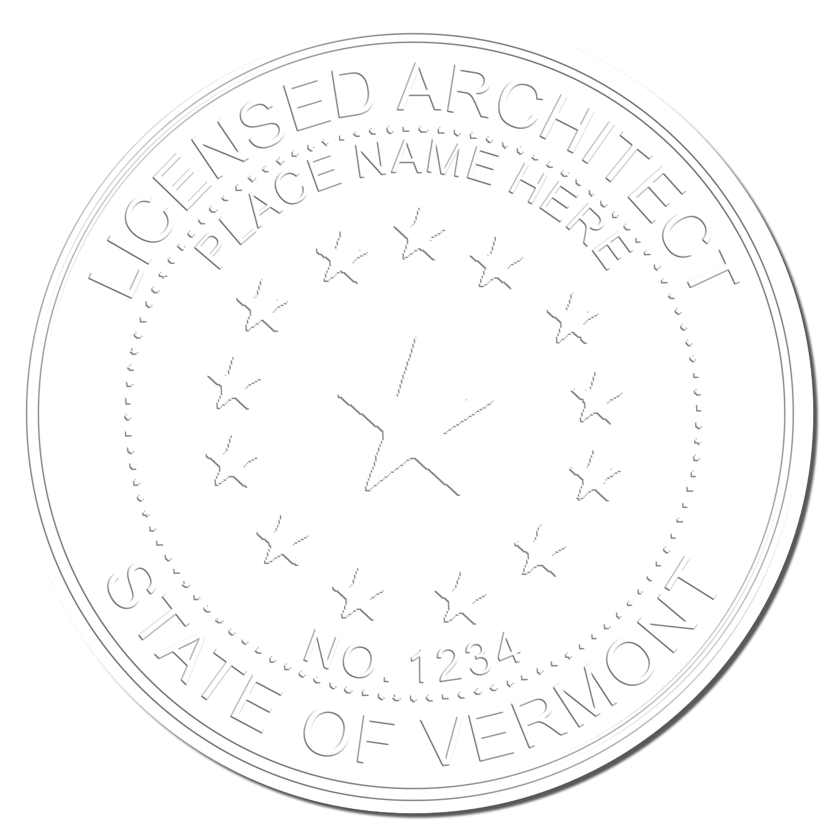 A photograph of the Handheld Vermont Architect Seal Embosser stamp impression reveals a vivid, professional image of the on paper.