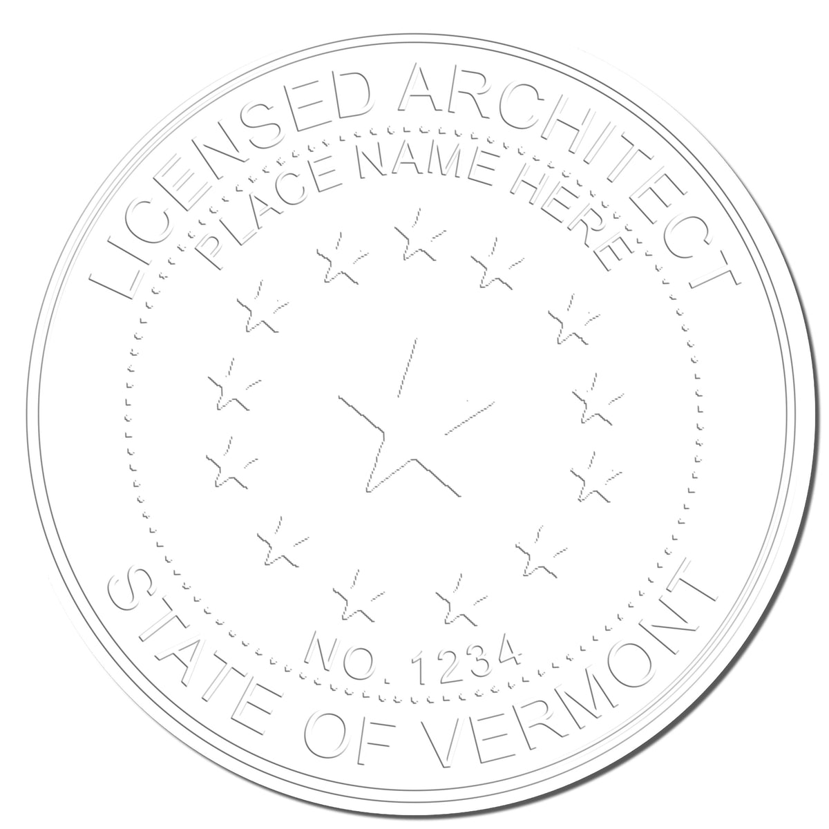 A photograph of the Vermont Desk Architect Embossing Seal stamp impression reveals a vivid, professional image of the on paper.