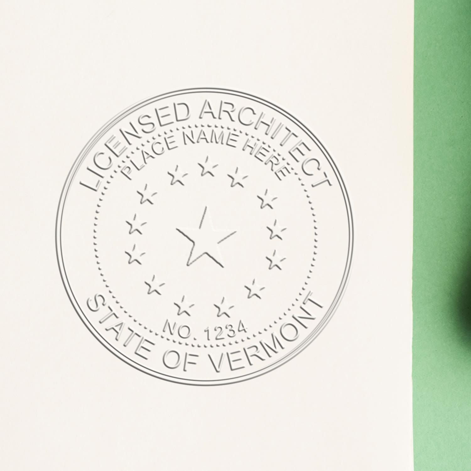 The main image for the Handheld Vermont Architect Seal Embosser depicting a sample of the imprint and electronic files
