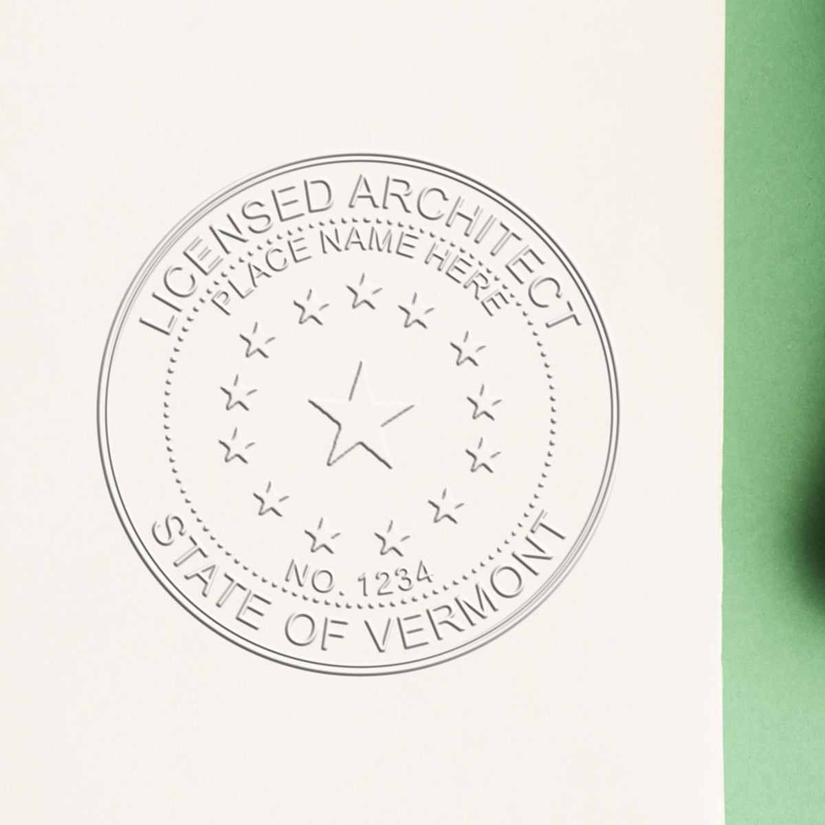A stamped impression of the Vermont Desk Architect Embossing Seal in this stylish lifestyle photo, setting the tone for a unique and personalized product.