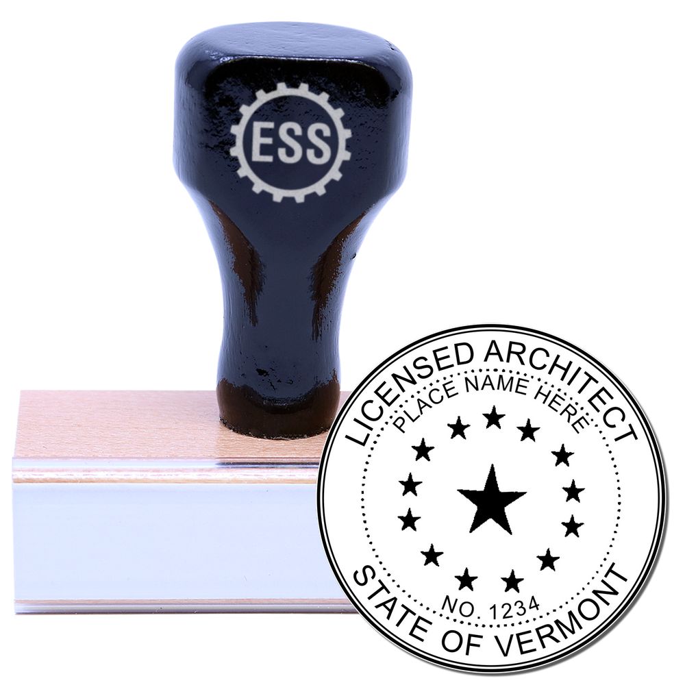 Wooden handle rubber stamp with Licensed Architect State of Vermont seal design, labeled as Vermont Architect Seal Stamp.