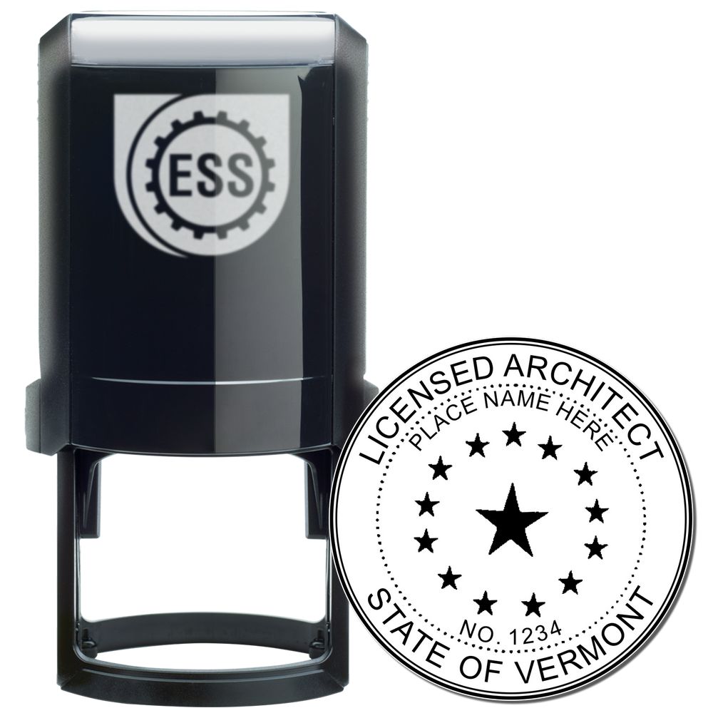 Self Inking Vermont Architect Stamp with a black casing and a circular stamp design featuring a star and text for licensed architects in Vermont.