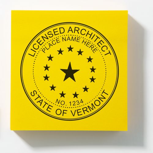 Yellow Vermont Architect Seal Stamp with a central star, surrounded by 13 smaller stars, and text for licensed architects in Vermont.