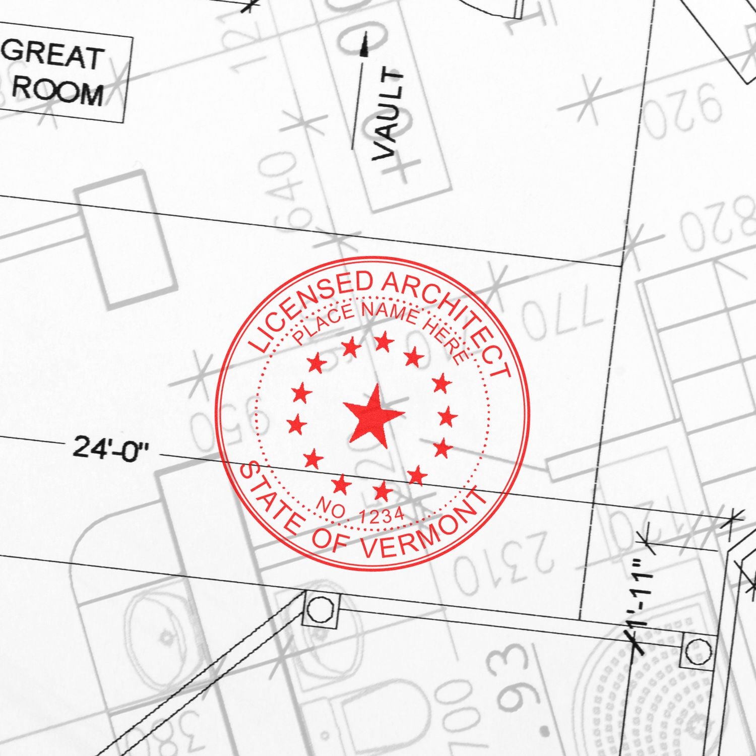 Self Inking Vermont Architect Stamp in red ink on architectural blueprint with detailed room and measurement markings.