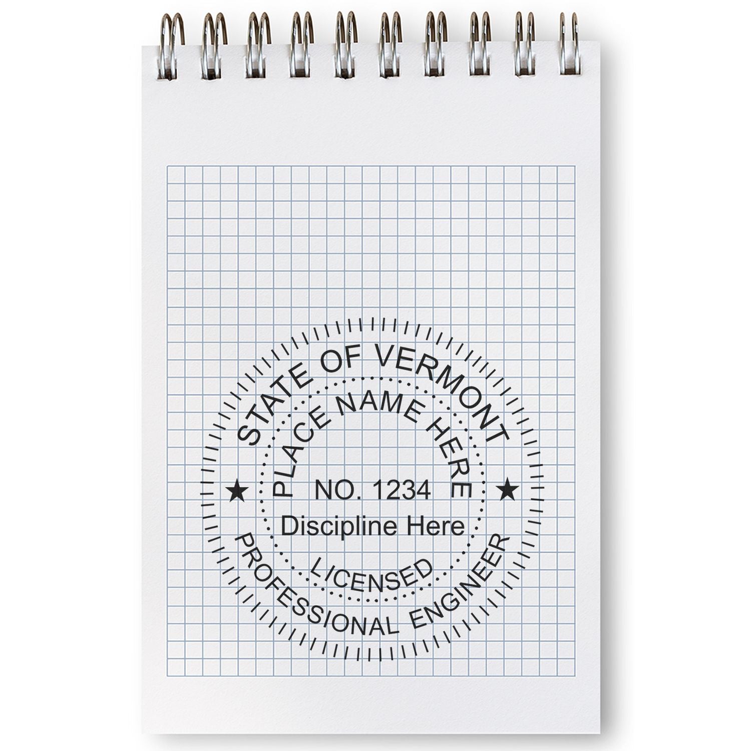 A lifestyle photo showing a stamped image of the Digital Vermont PE Stamp and Electronic Seal for Vermont Engineer on a piece of paper