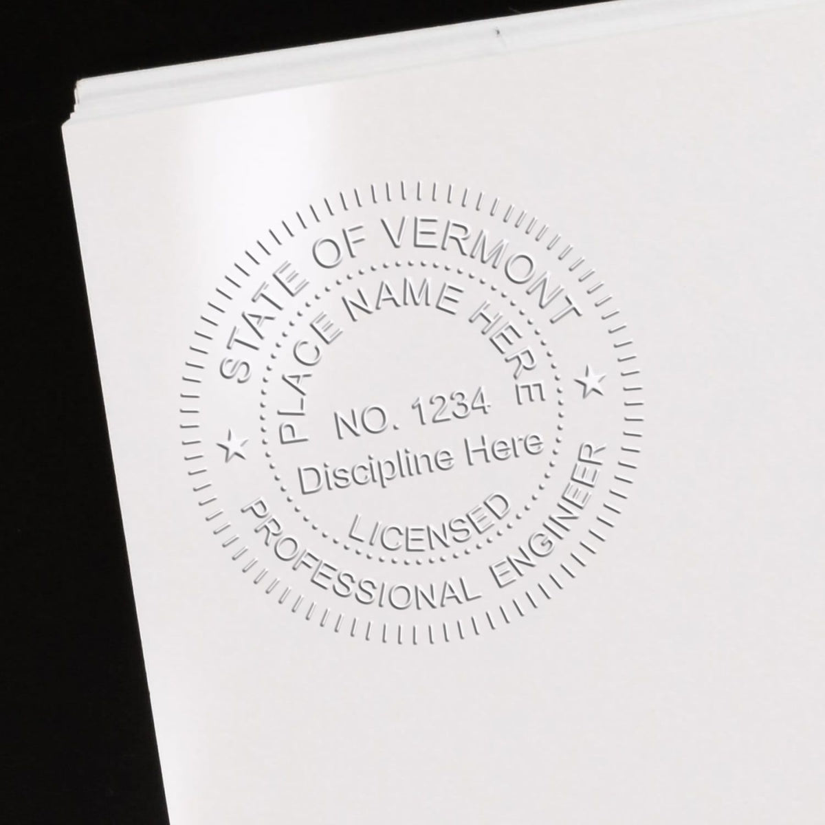 A photograph of the Long Reach Vermont PE Seal stamp impression reveals a vivid, professional image of the on paper.