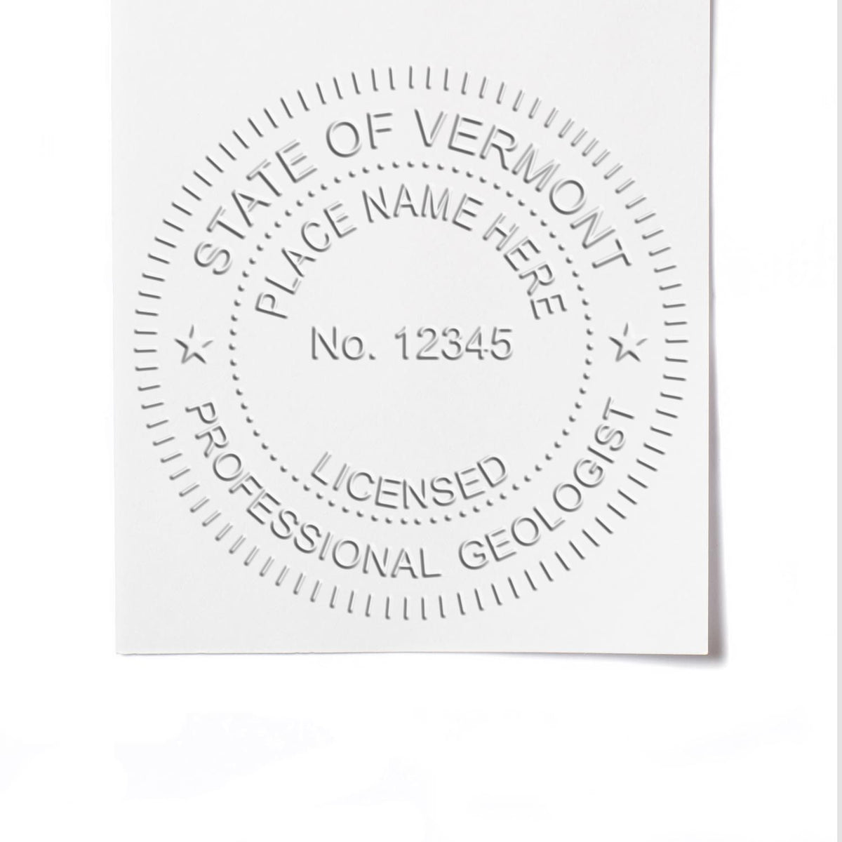 A photograph of the Soft Vermont Professional Geologist Seal stamp impression reveals a vivid, professional image of the on paper.