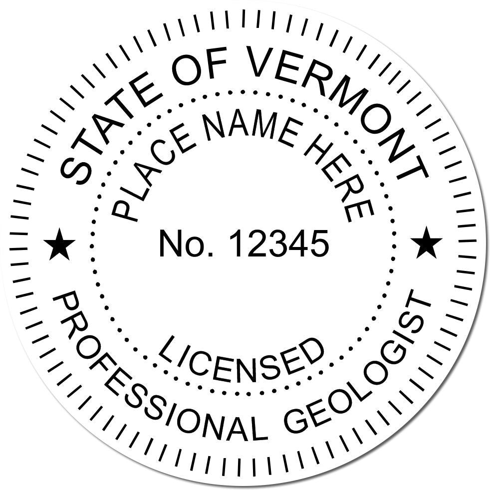 This paper is stamped with a sample imprint of the Slim Pre-Inked Vermont Professional Geologist Seal Stamp, signifying its quality and reliability.