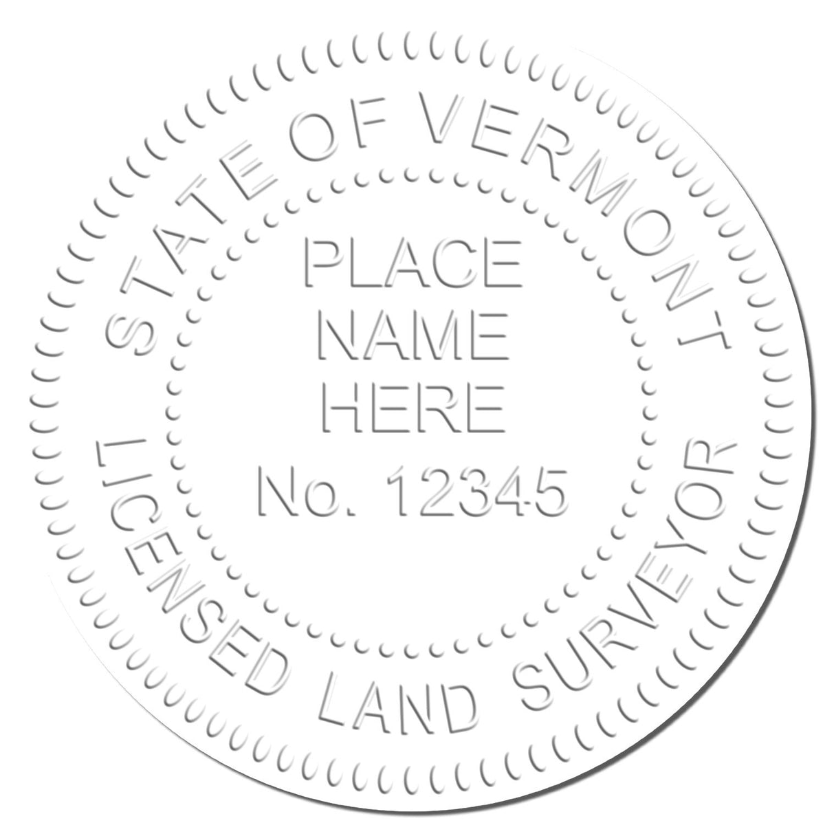 This paper is stamped with a sample imprint of the State of Vermont Soft Land Surveyor Embossing Seal, signifying its quality and reliability.