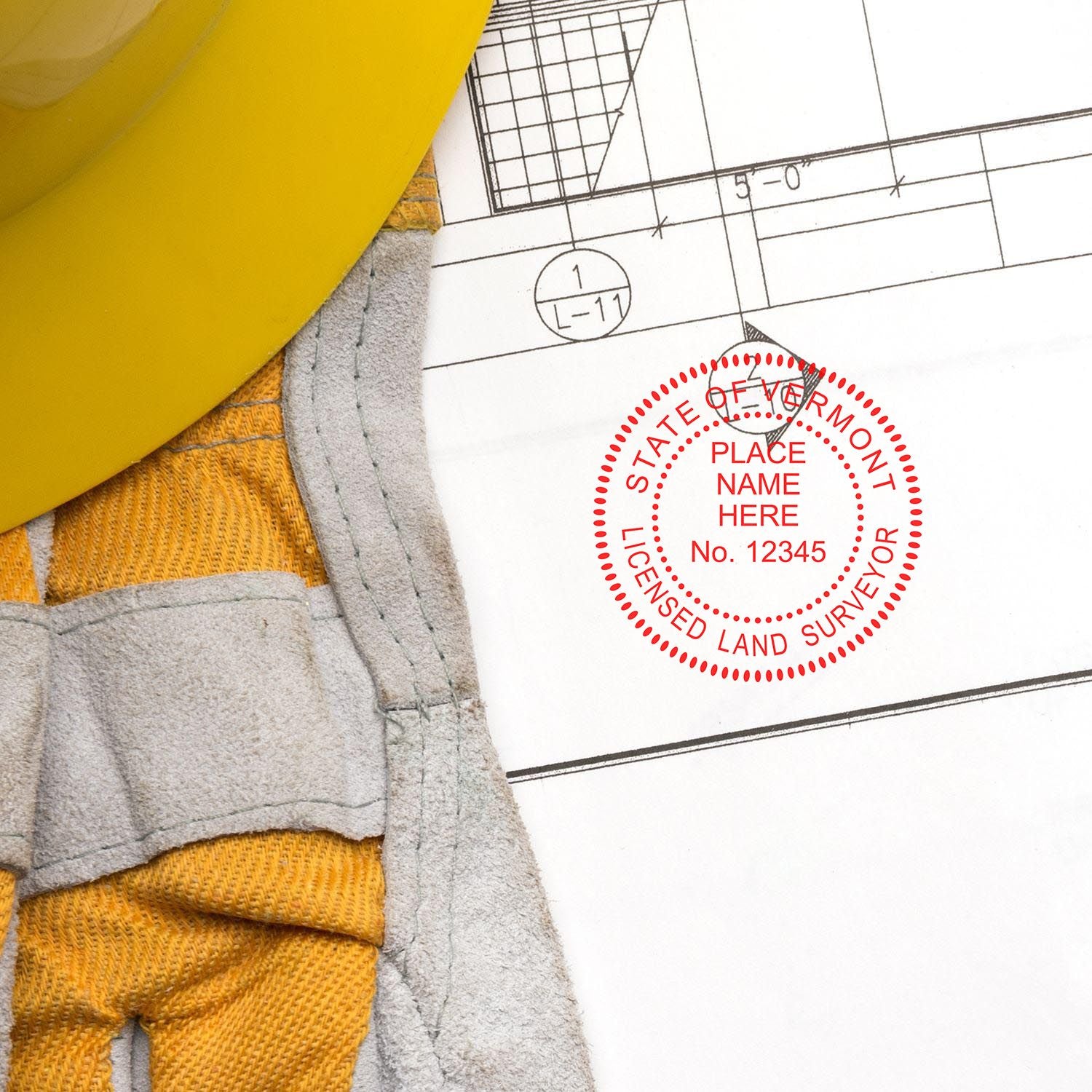 Digital Vermont Land Surveyor Stamp, Electronic Seal for Vermont Land Surveyor on a blueprint with a yellow hard hat and gloves nearby.