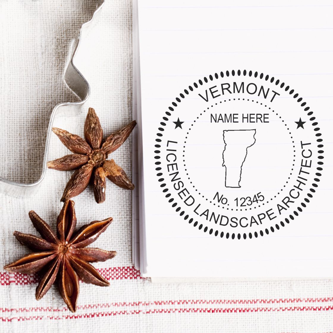 A stamped impression of the Digital Vermont Landscape Architect Stamp in this stylish lifestyle photo, setting the tone for a unique and personalized product.