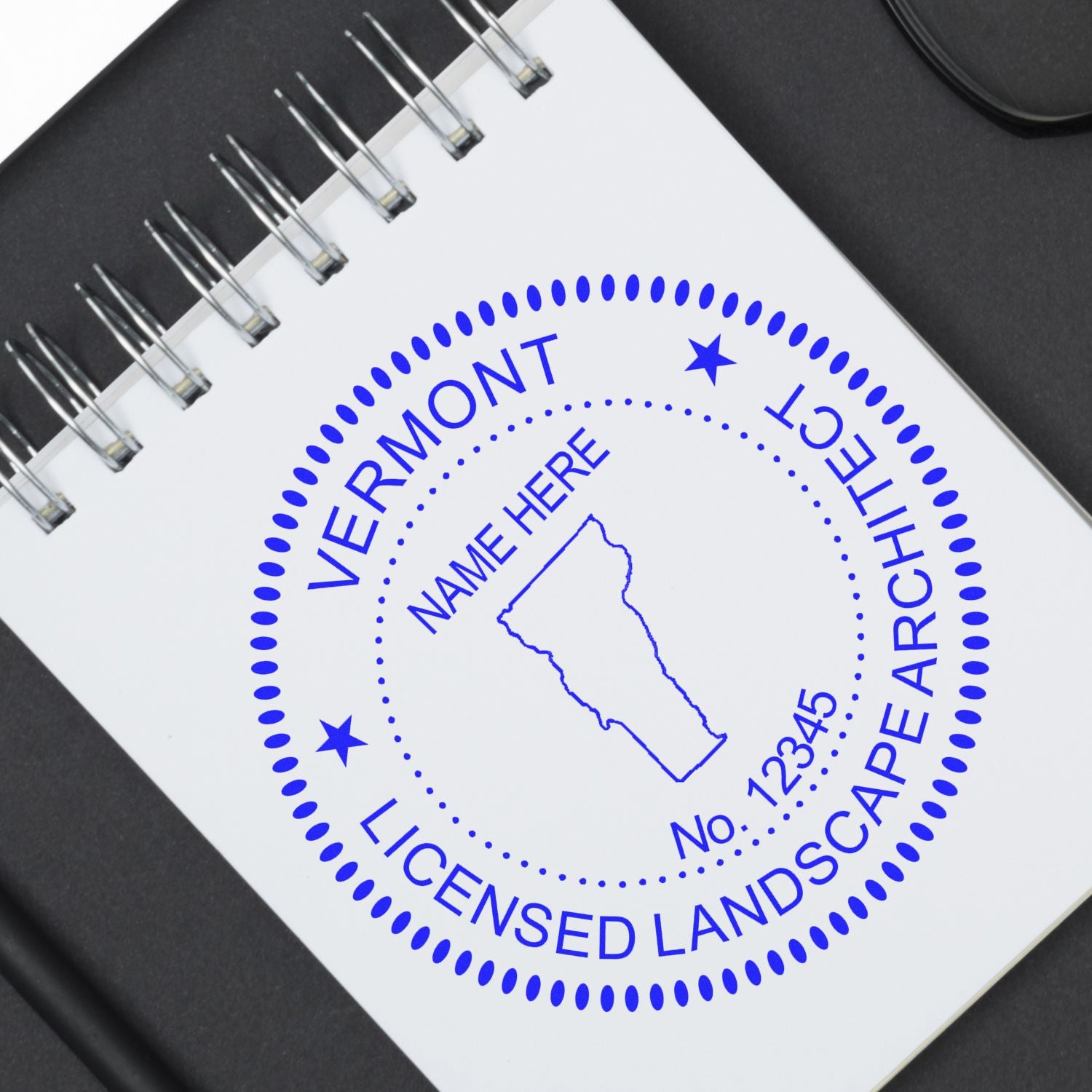 The main image for the Premium MaxLight Pre-Inked Vermont Landscape Architectural Stamp depicting a sample of the imprint and electronic files