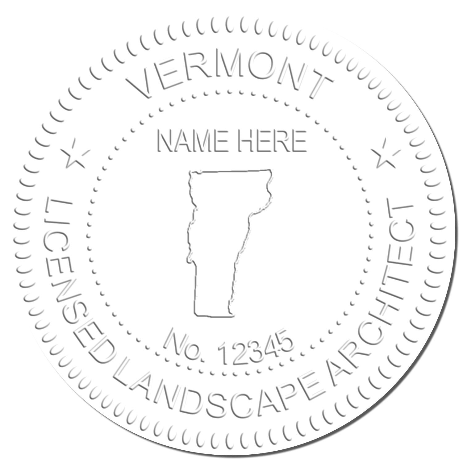 This paper is stamped with a sample imprint of the Vermont Desk Landscape Architectural Seal Embosser, signifying its quality and reliability.