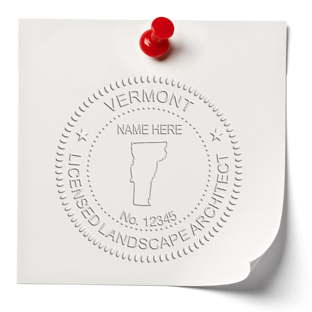 A photograph of the Hybrid Vermont Landscape Architect Seal stamp impression reveals a vivid, professional image of the on paper.
