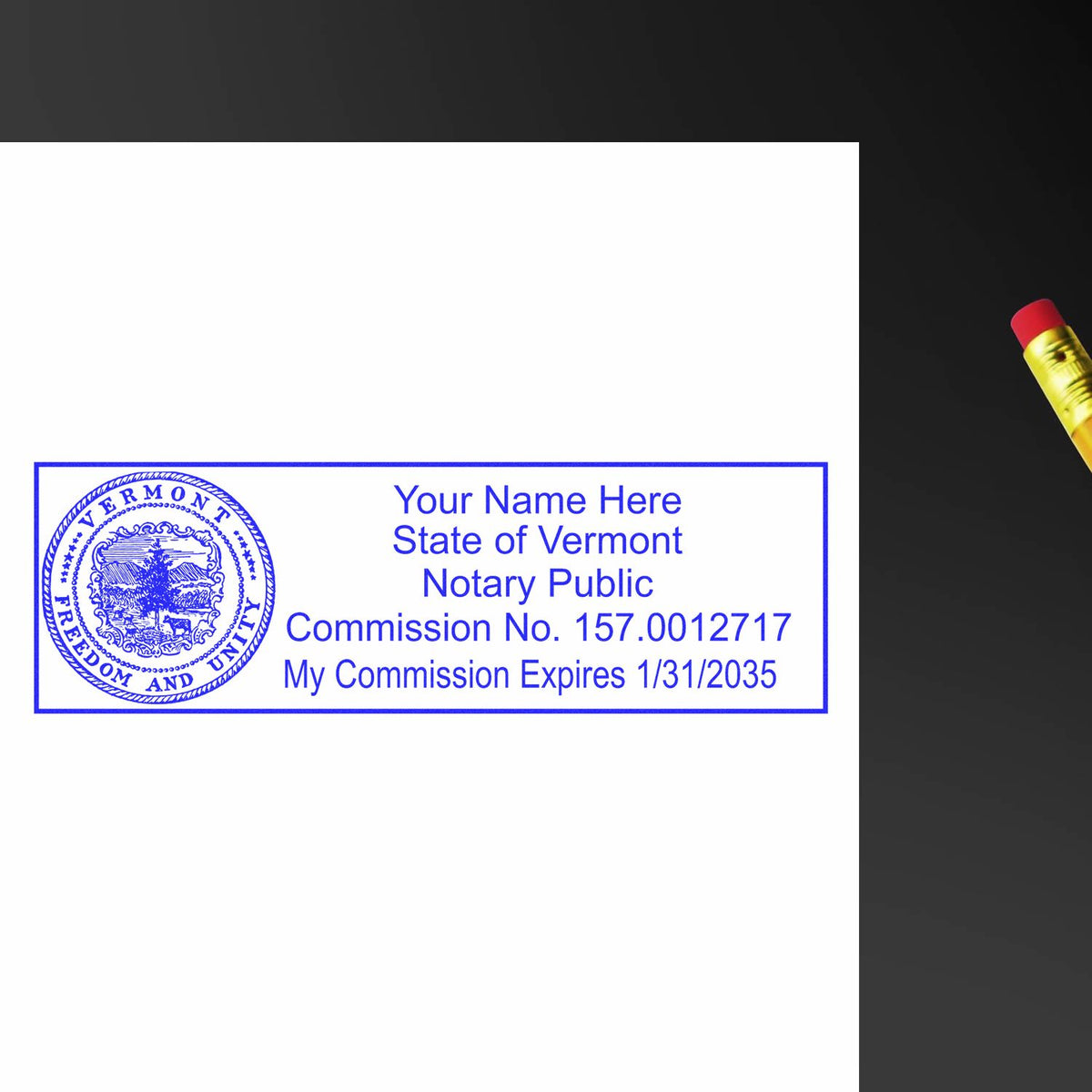 A lifestyle photo showing a stamped image of the Wooden Handle Vermont State Seal Notary Public Stamp on a piece of paper