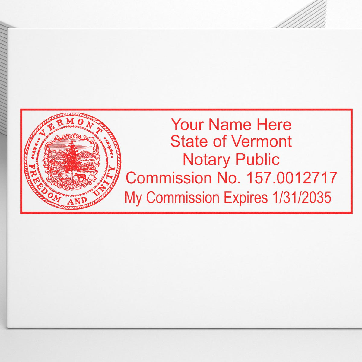 The Heavy-Duty Vermont Rectangular Notary Stamp stamp impression comes to life with a crisp, detailed photo on paper - showcasing true professional quality.