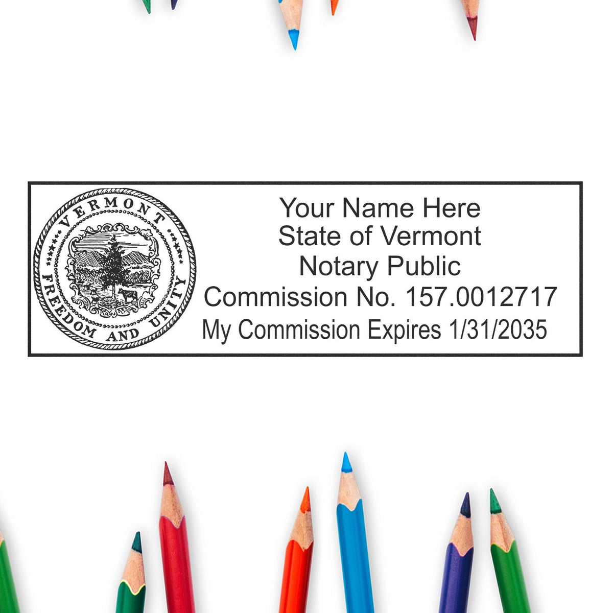 A lifestyle photo showing a stamped image of the Heavy-Duty Vermont Rectangular Notary Stamp on a piece of paper