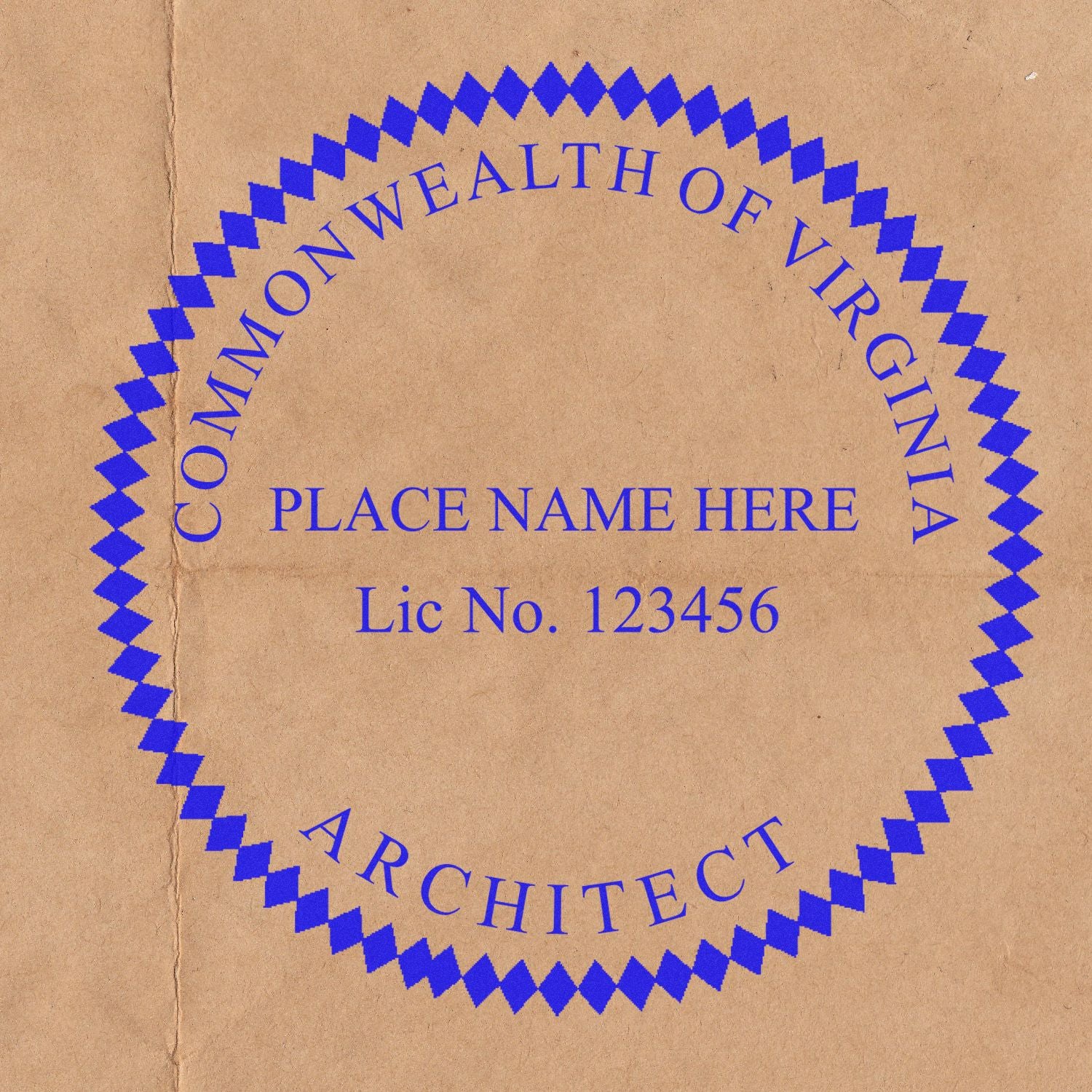 Self Inking Virginia Architect Stamp with blue circular design, customizable with name and license number, on a brown background.