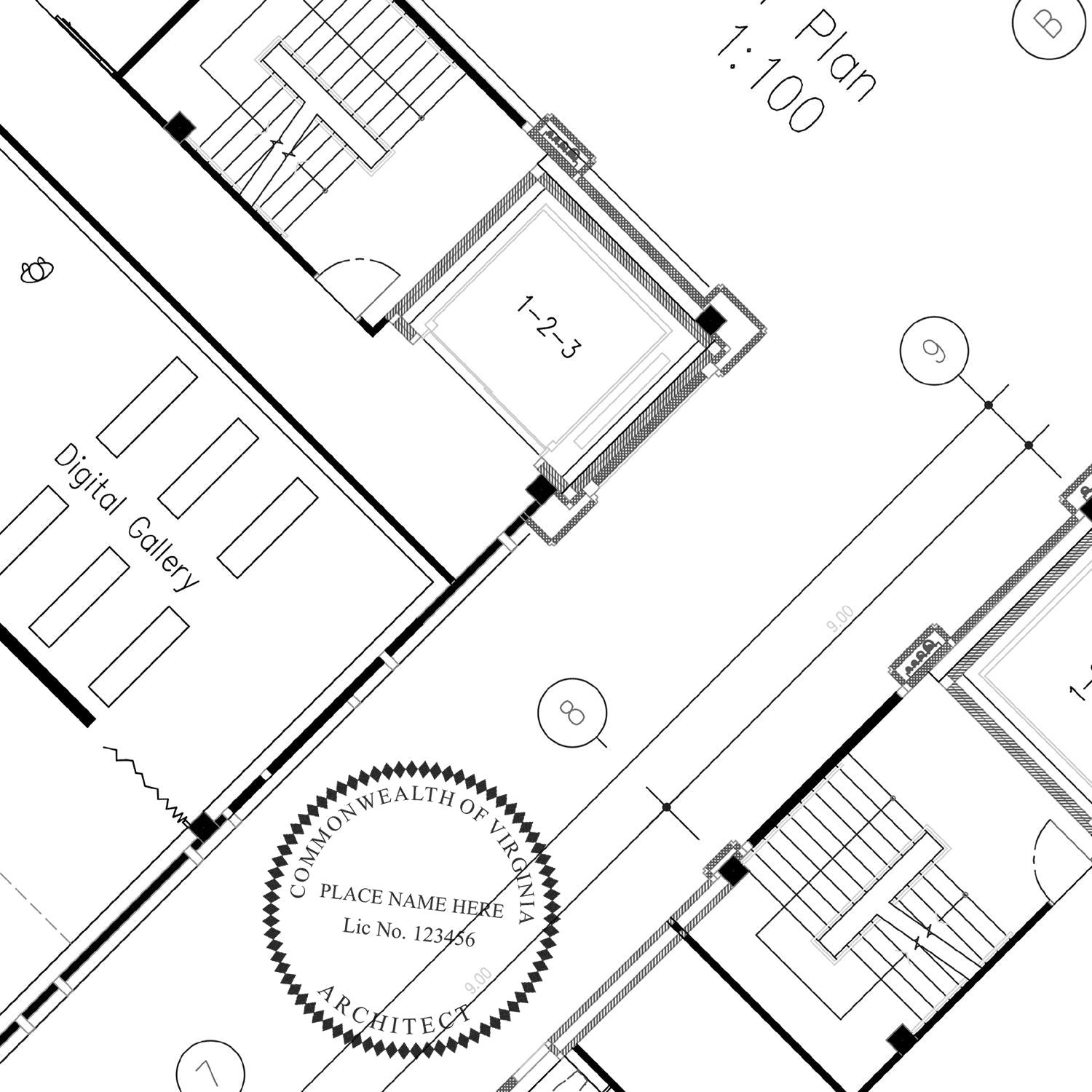 Self Inking Virginia Architect Stamp imprint on architectural blueprint, showcasing detailed floor plans and the official seal.