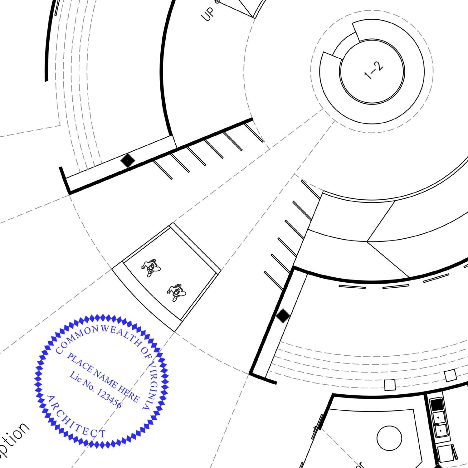 Architectural blueprint with a blue Self Inking Virginia Architect Stamp marking the document, displaying Commonwealth of Virginia Architect.