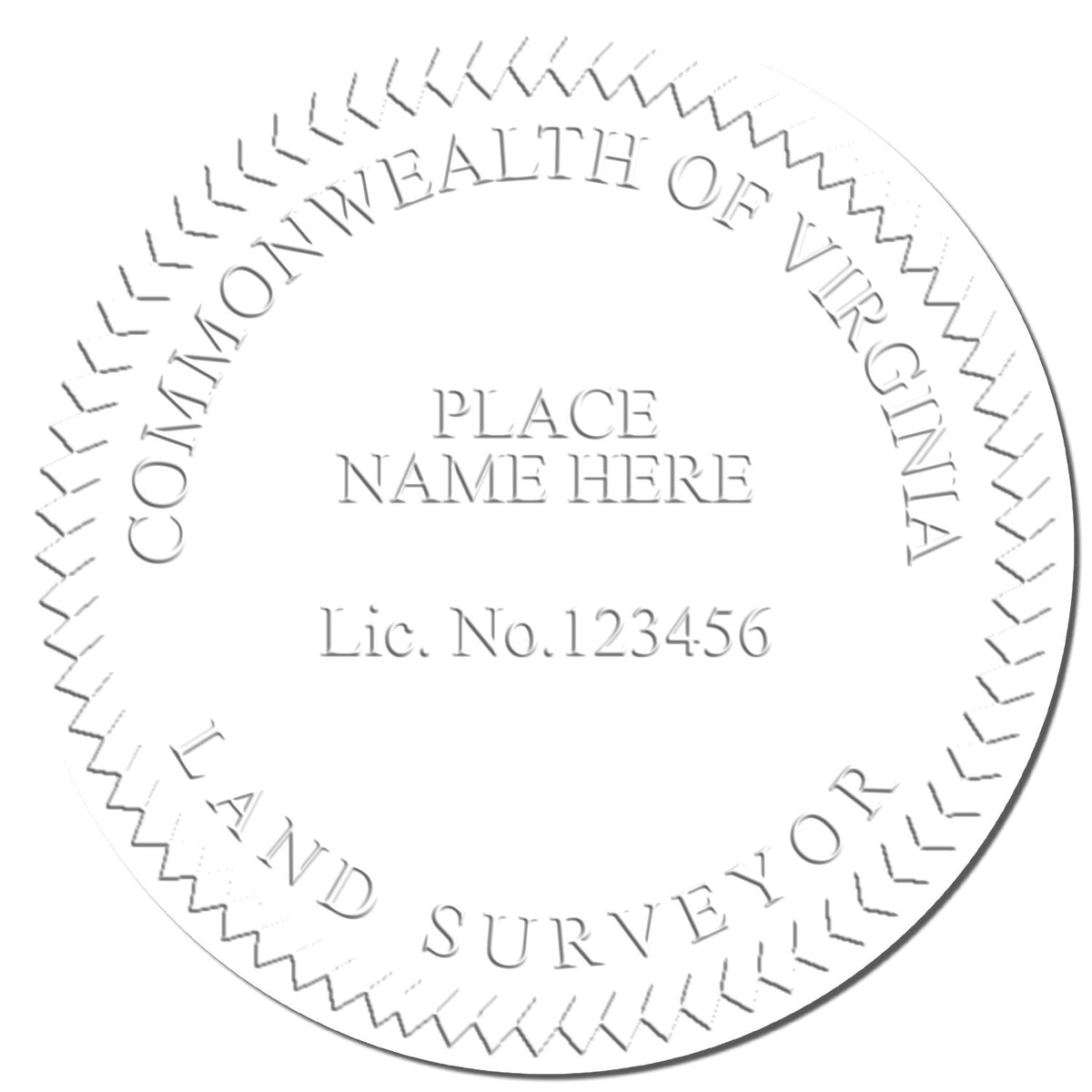 This paper is stamped with a sample imprint of the State of Virginia Soft Land Surveyor Embossing Seal, signifying its quality and reliability.
