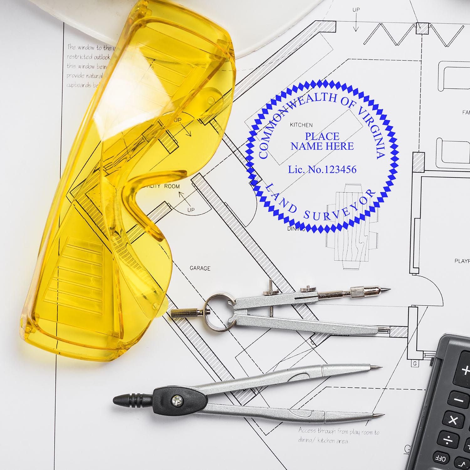 Premium MaxLight Pre-Inked Virginia Surveyors Stamp in use on a blueprint, surrounded by yellow safety glasses, compass, and calculator.