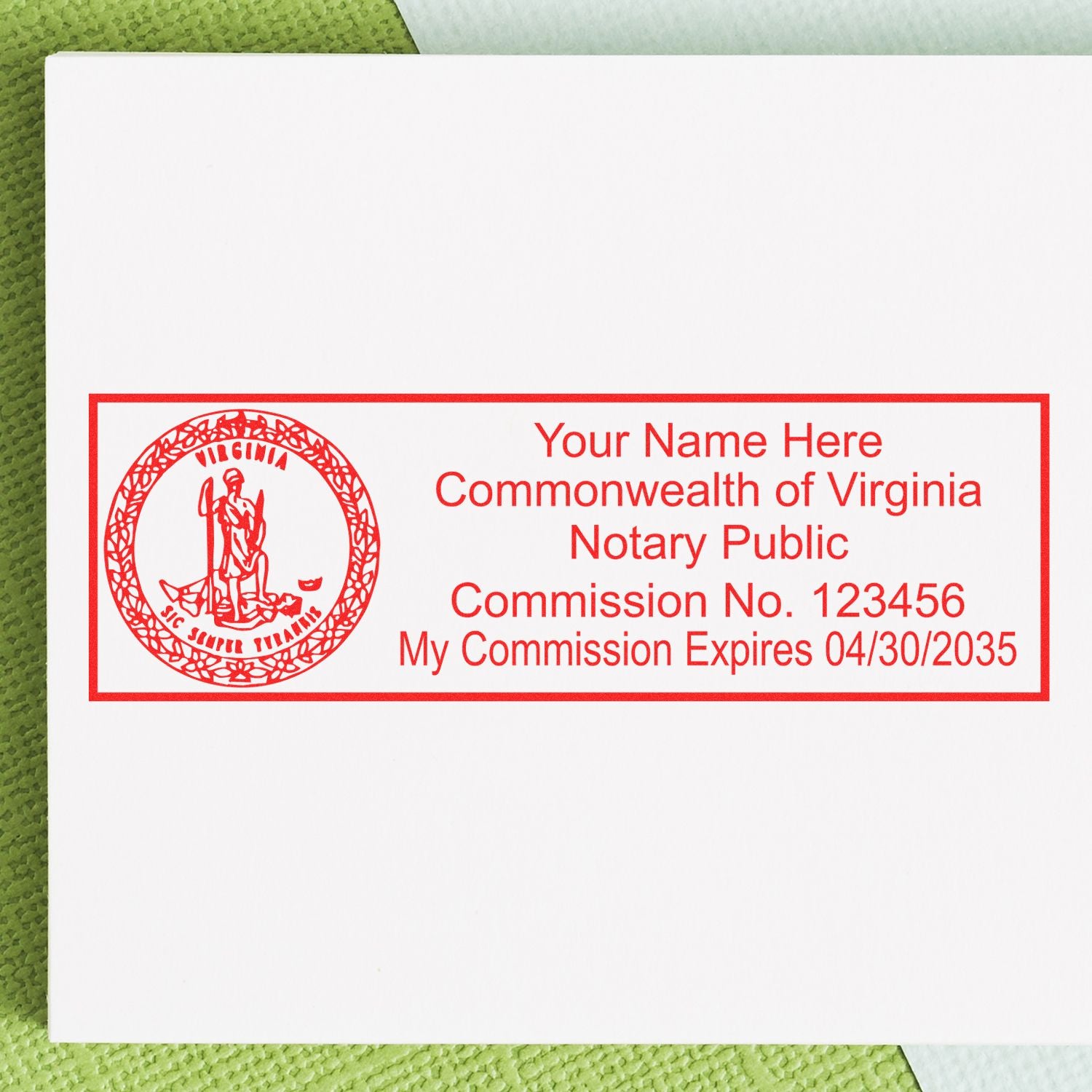 The main image for the PSI Virginia Notary Stamp depicting a sample of the imprint and electronic files