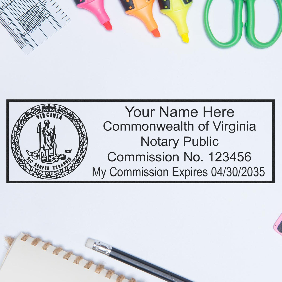 A lifestyle photo showing a stamped image of the MaxLight Premium Pre-Inked Virginia State Seal Notarial Stamp on a piece of paper