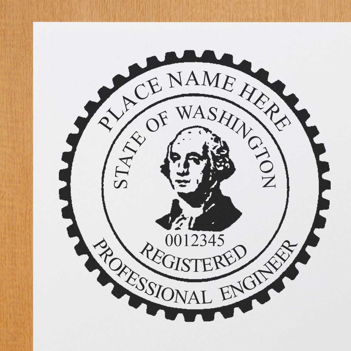 A lifestyle photo showing a stamped image of the Washington Professional Engineer Seal Stamp on a piece of paper