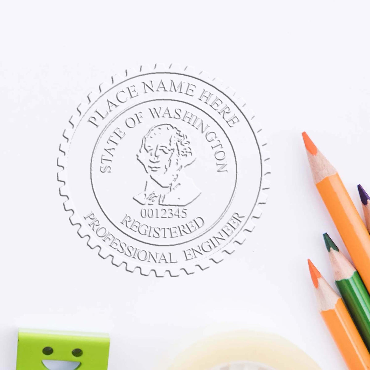 The State of Washington Extended Long Reach Engineer Seal stamp impression comes to life with a crisp, detailed photo on paper - showcasing true professional quality.