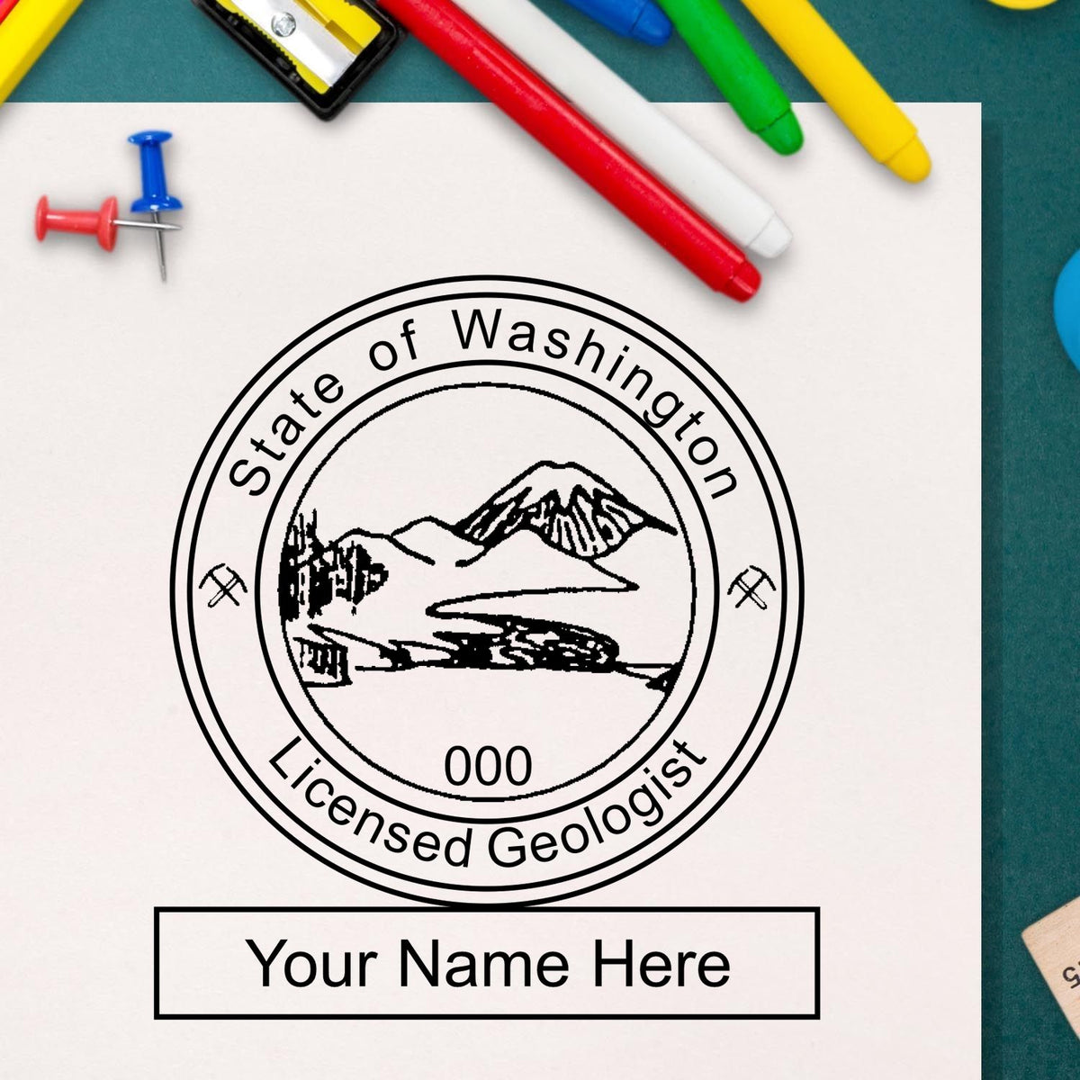 This paper is stamped with a sample imprint of the Premium MaxLight Pre-Inked Washington Geology Stamp, signifying its quality and reliability.