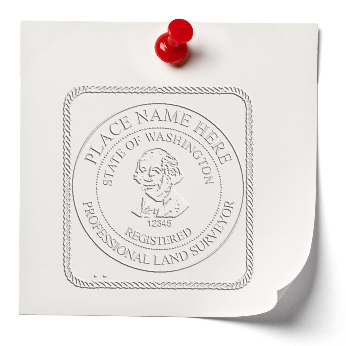 A lifestyle photo showing a stamped image of the State of Washington Soft Land Surveyor Embossing Seal on a piece of paper