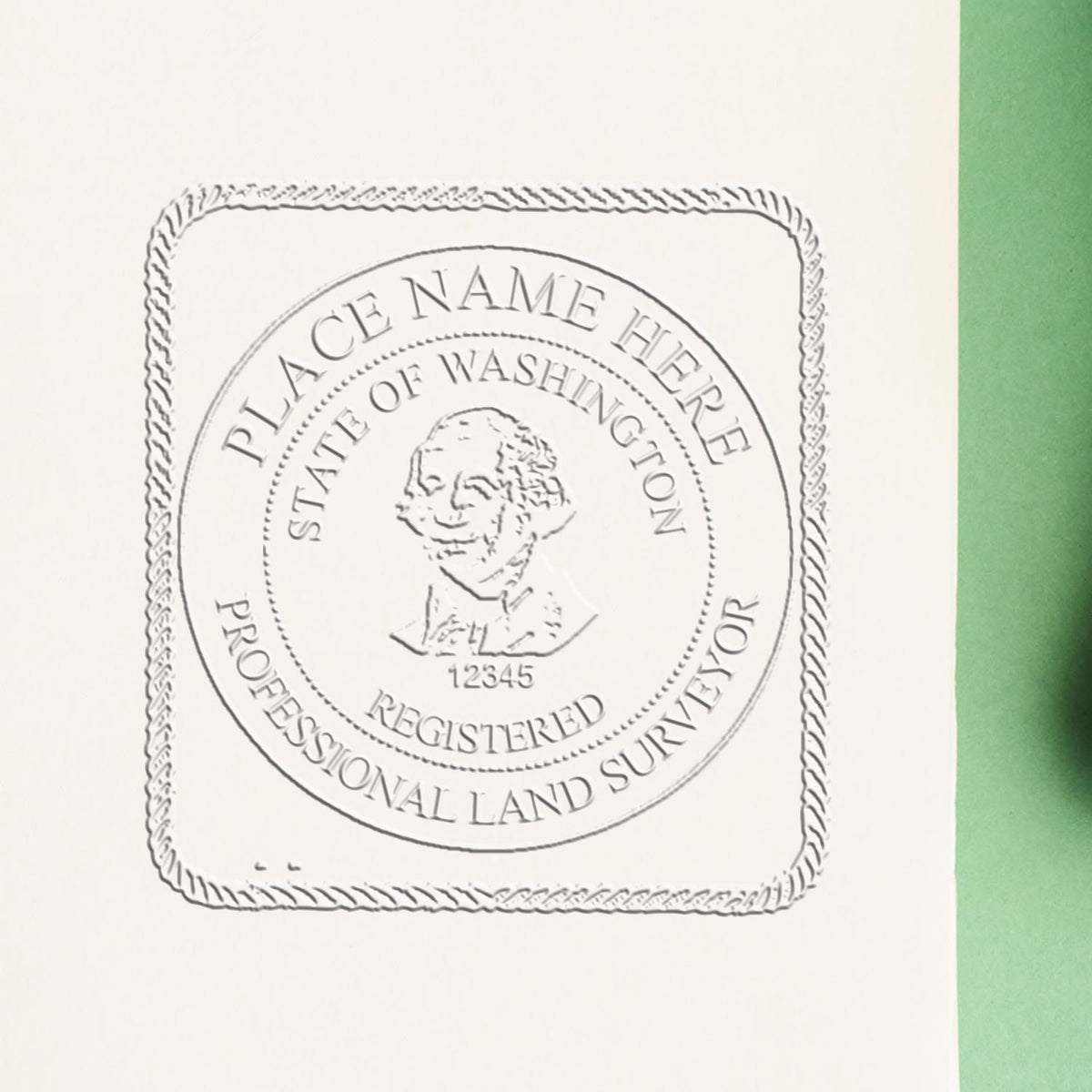 A photograph of the State of Washington Soft Land Surveyor Embossing Seal stamp impression reveals a vivid, professional image of the on paper.