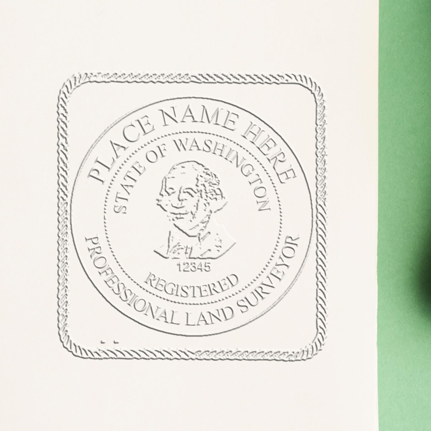 A stamped impression of the Handheld Washington Land Surveyor Seal in this stylish lifestyle photo, setting the tone for a unique and personalized product.