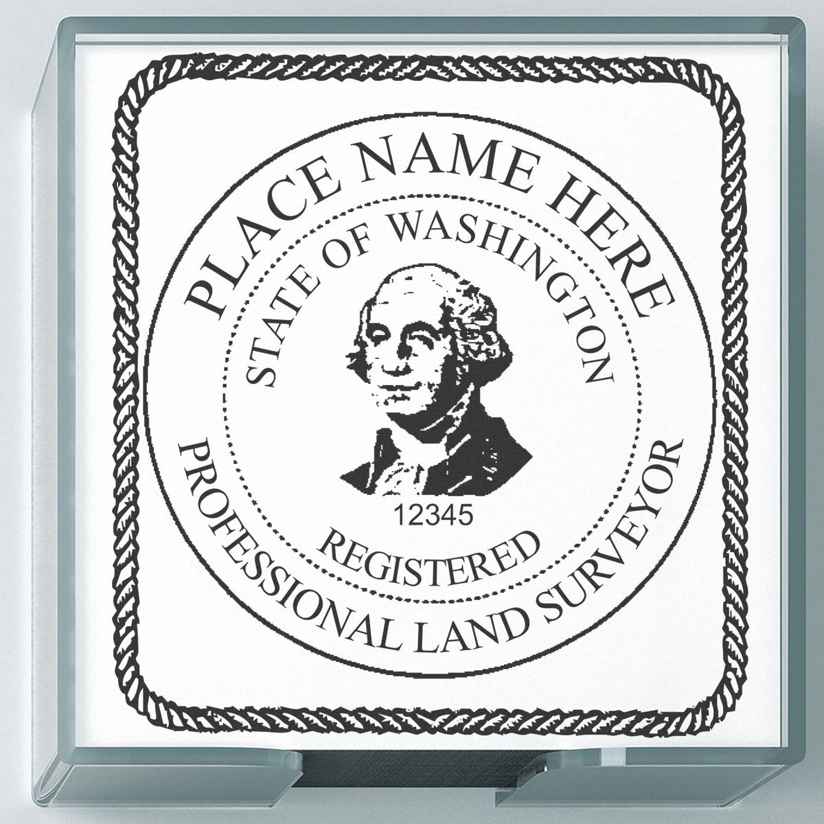 A lifestyle photo showing a stamped image of the Slim Pre-Inked Washington Land Surveyor Seal Stamp on a piece of paper