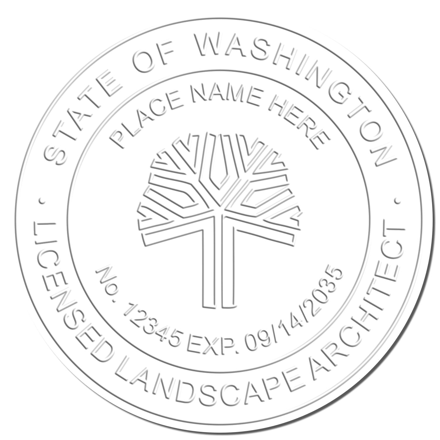 This paper is stamped with a sample imprint of the Washington Desk Landscape Architectural Seal Embosser, signifying its quality and reliability.