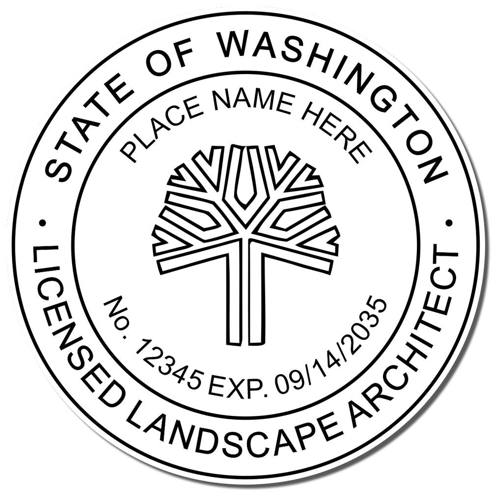 A lifestyle photo showing a stamped image of the Slim Pre-Inked Washington Landscape Architect Seal Stamp on a piece of paper