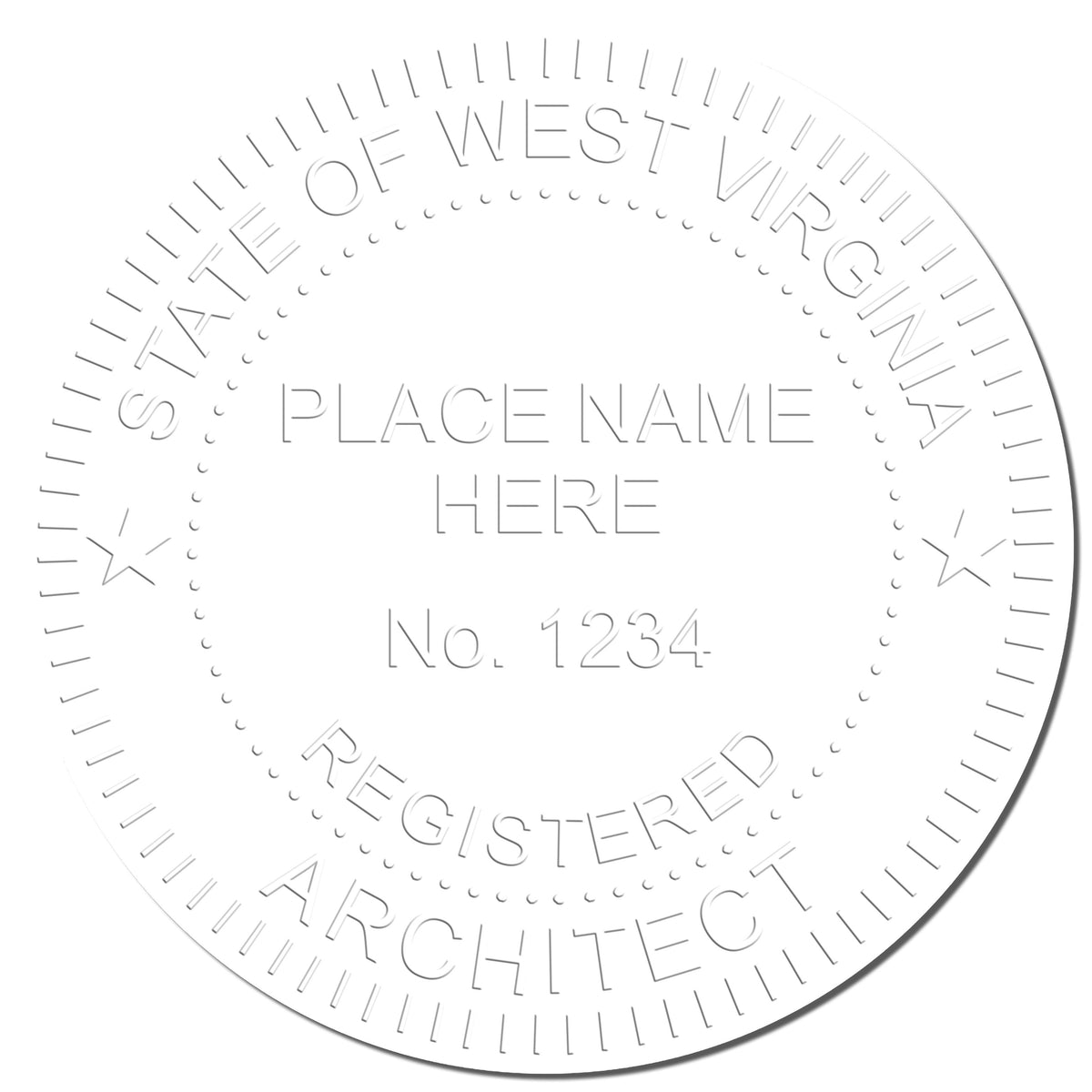 A photograph of the Handheld West Virginia Architect Seal Embosser stamp impression reveals a vivid, professional image of the on paper.