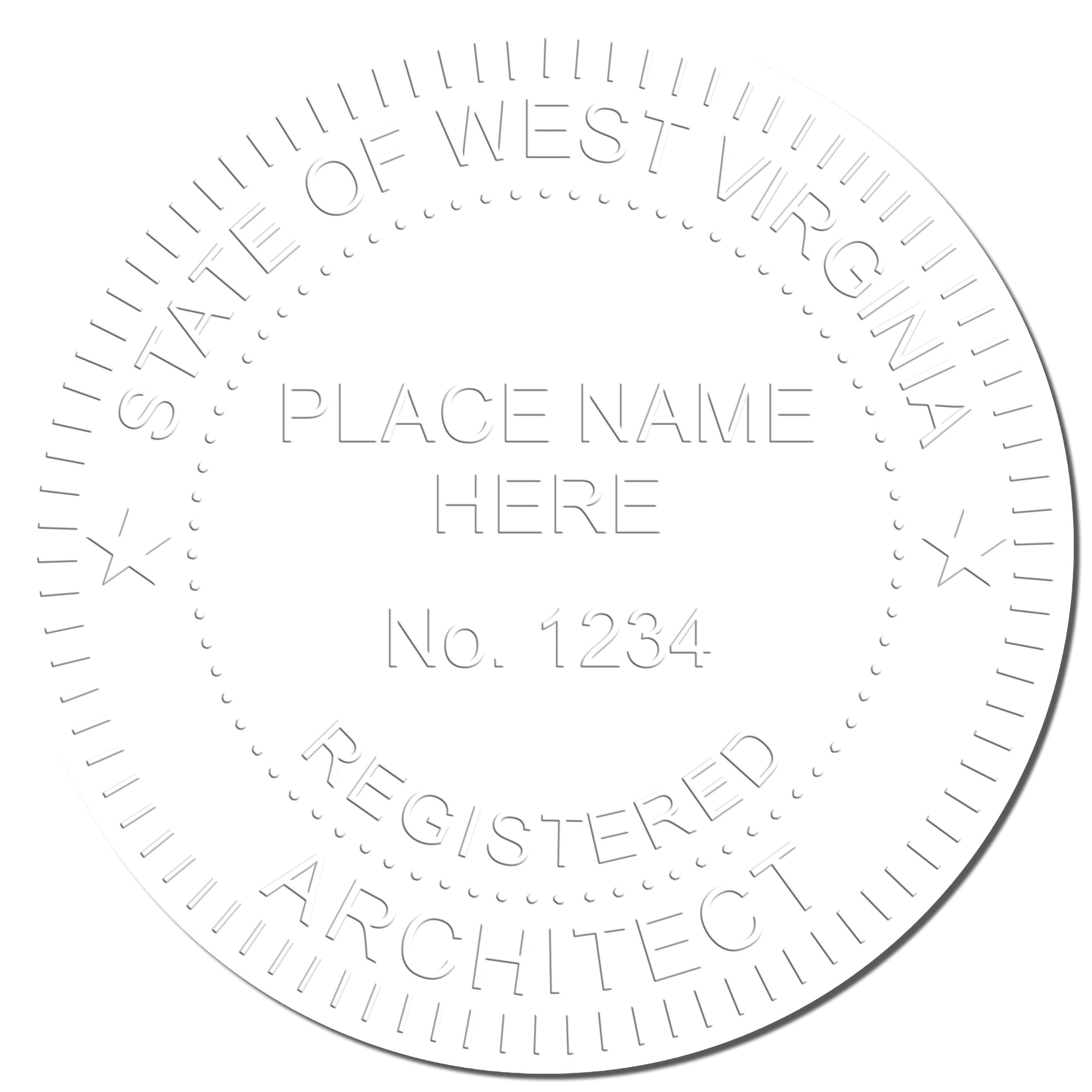The main image for the State of West Virginia Long Reach Architectural Embossing Seal depicting a sample of the imprint and electronic files