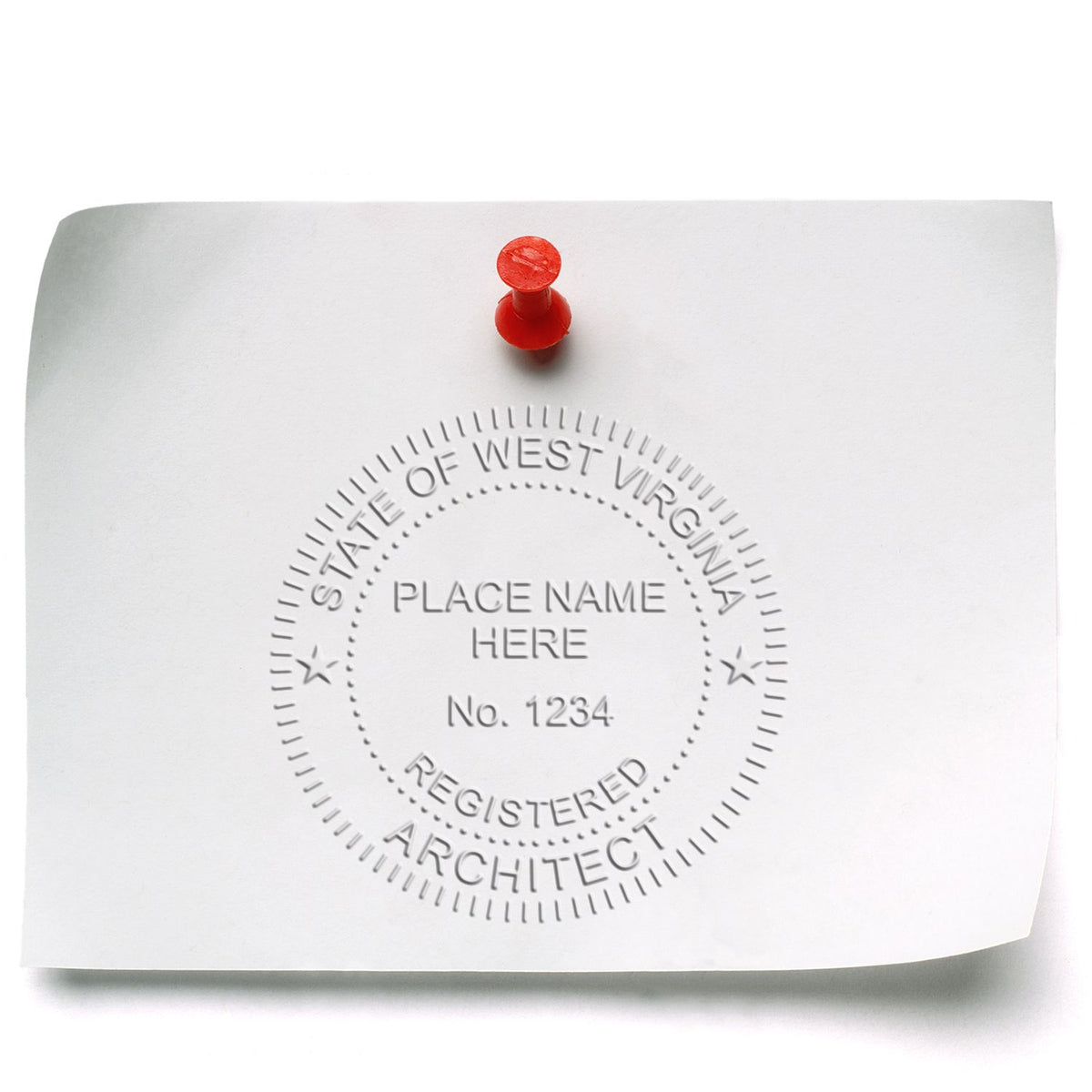 This paper is stamped with a sample imprint of the Handheld West Virginia Architect Seal Embosser, signifying its quality and reliability.