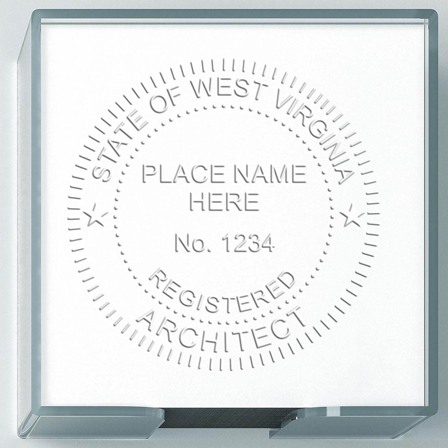 The main image for the Handheld West Virginia Architect Seal Embosser depicting a sample of the imprint and electronic files
