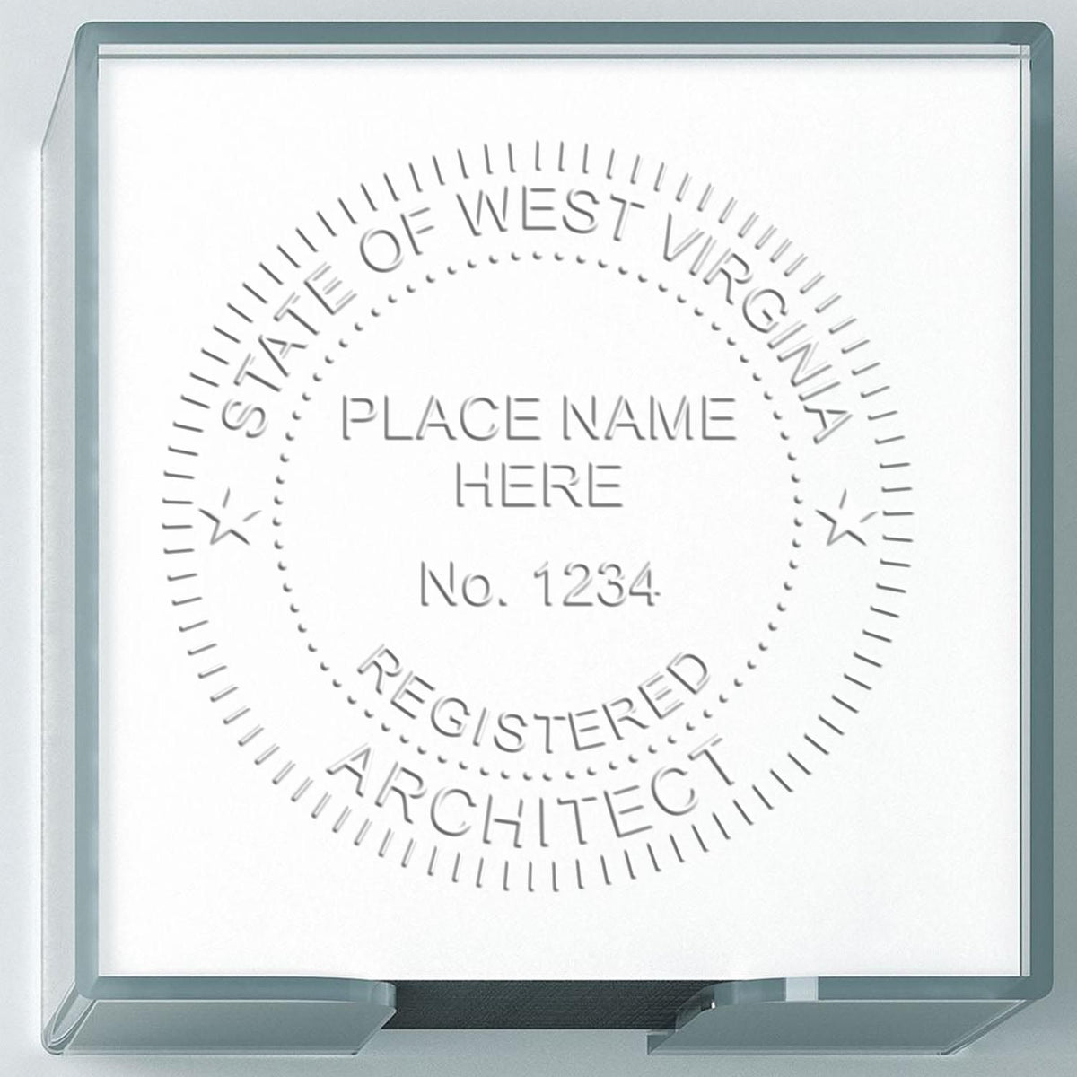 A photograph of the Hybrid West Virginia Architect Seal stamp impression reveals a vivid, professional image of the on paper.