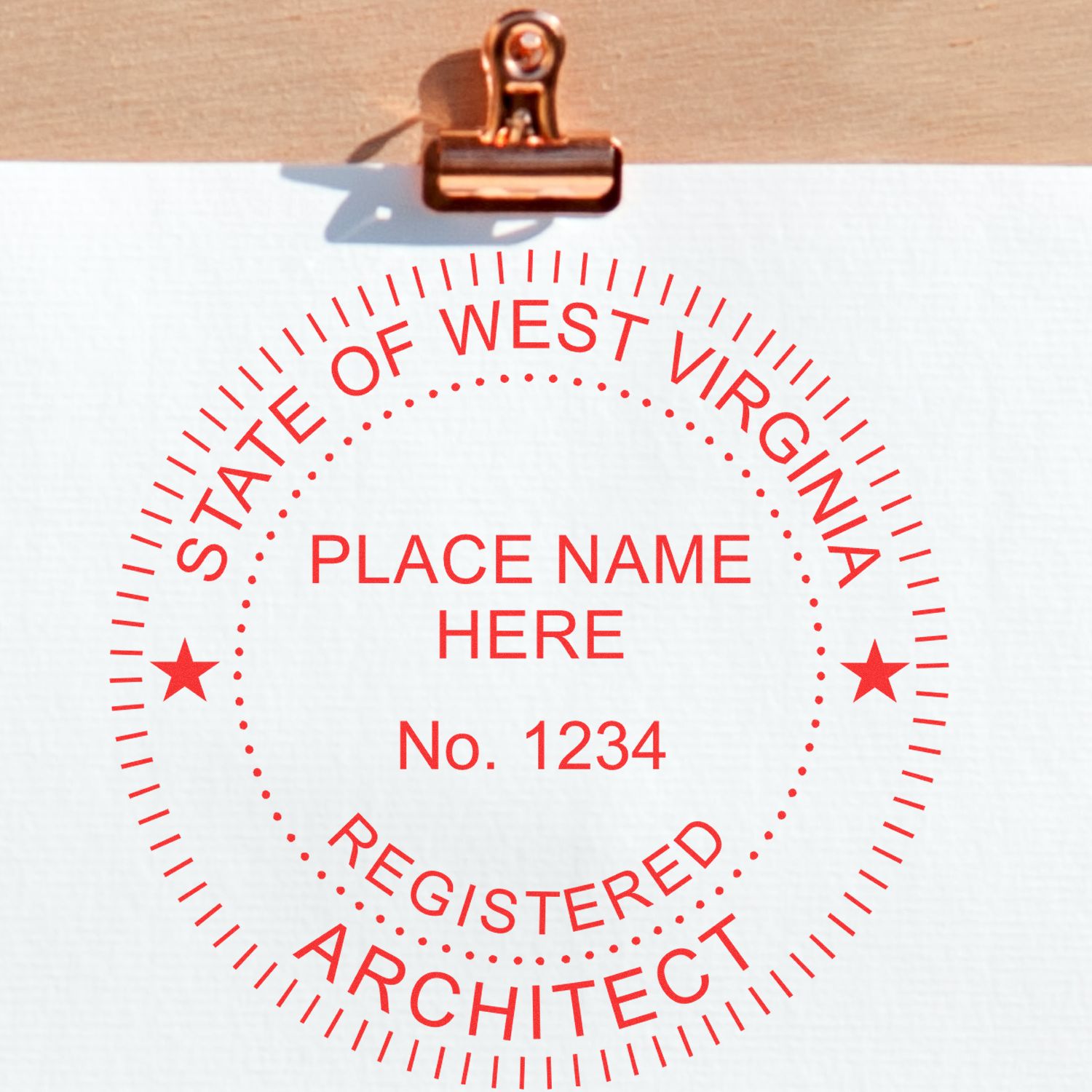 Digital West Virginia Architect Stamp, Electronic Seal for West Virginia Architect, displayed on a white paper clipped to a wooden board.