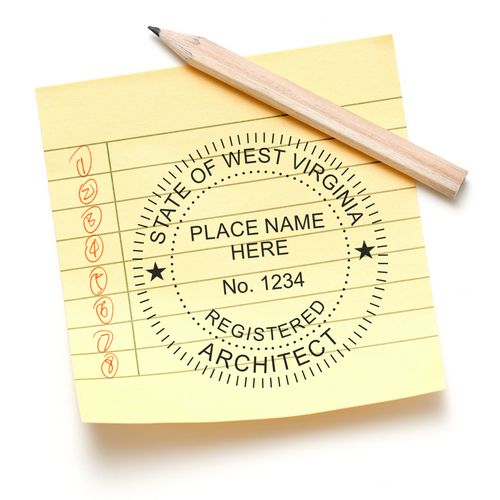 A lifestyle photo showing a stamped image of the Slim Pre-Inked West Virginia Architect Seal Stamp on a piece of paper