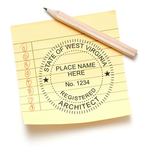 West Virginia Architect Seal Stamp on a yellow notepad with a pencil, featuring customizable fields for name and registration number.