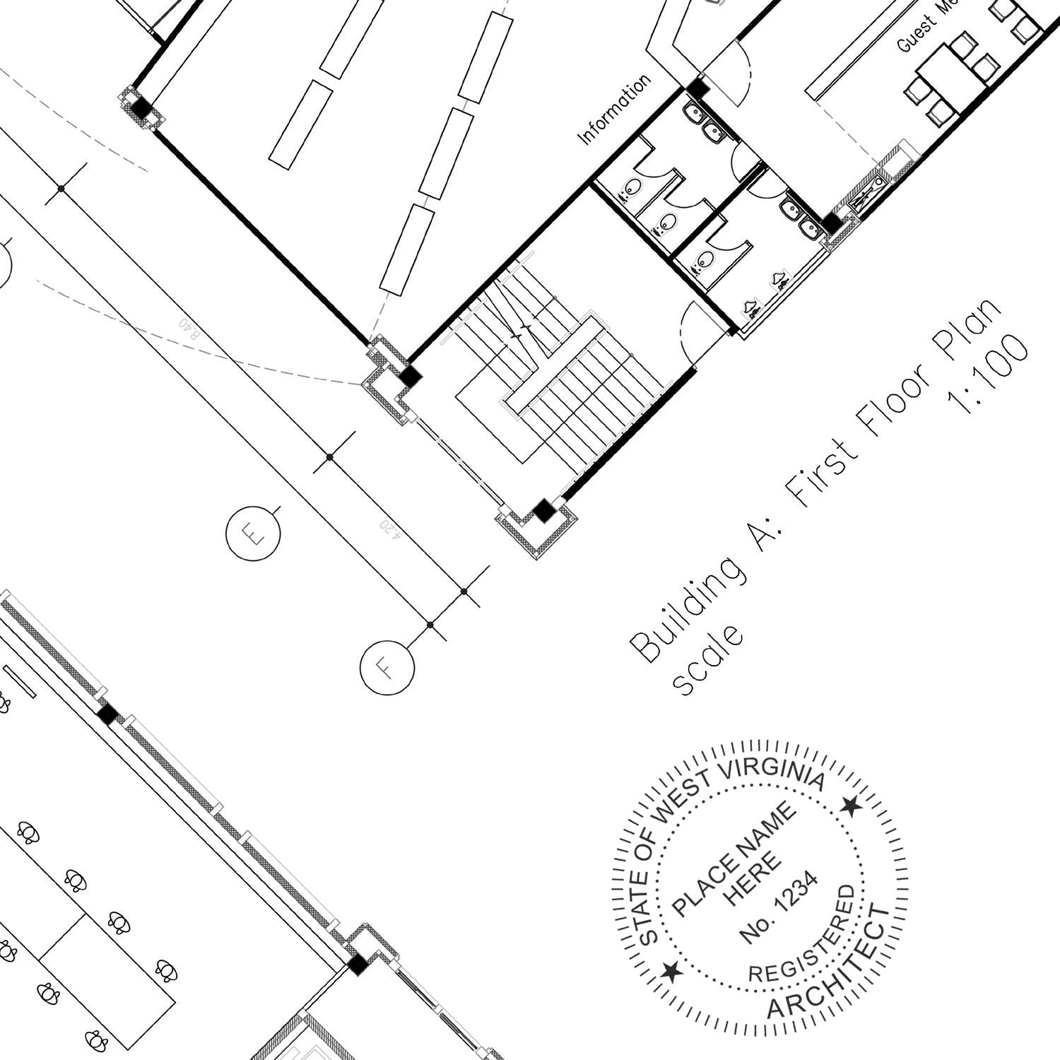 Architectural blueprint with a Self Inking West Virginia Architect Stamp impression showing registration details on the bottom right corner.