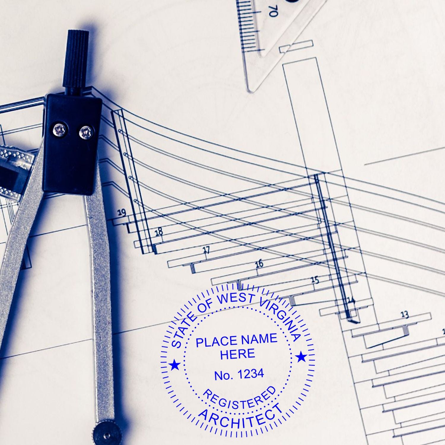 Image of a Premium MaxLight Pre-Inked West Virginia Architectural Stamp on a blueprint with a compass and ruler in the background.