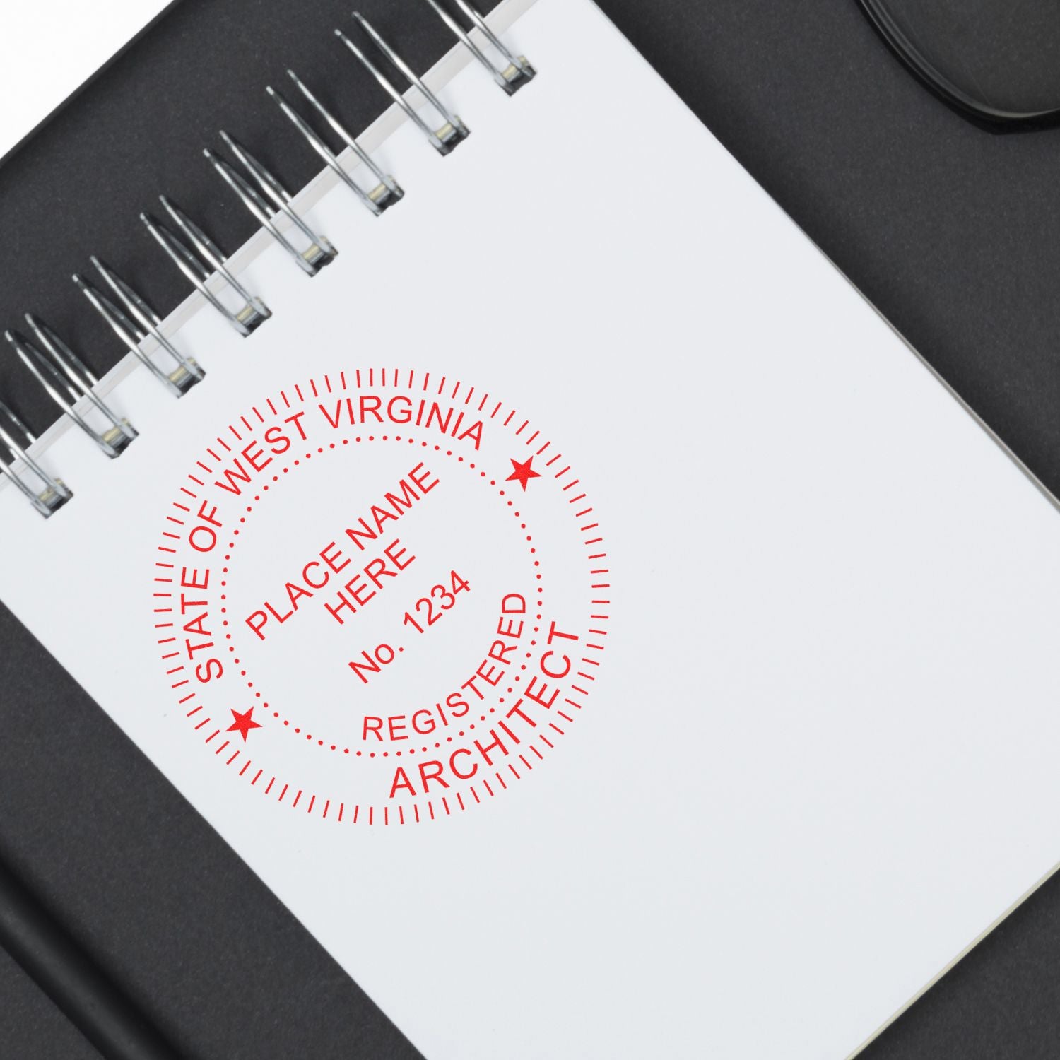 Self Inking West Virginia Architect Stamp imprint on a white notepad, displaying a red circular seal with customizable text.